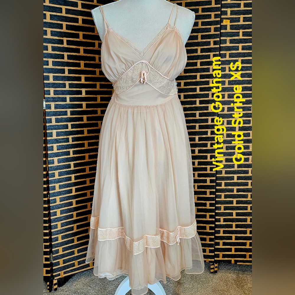 Gotham Gold Stripe Nightgown Vintage size 32 bust XS Beige Semi Sheer Glamorous